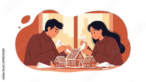Happy young couple wearing cozy sweaters works together to decorate festive gingerbread houses with white icing.