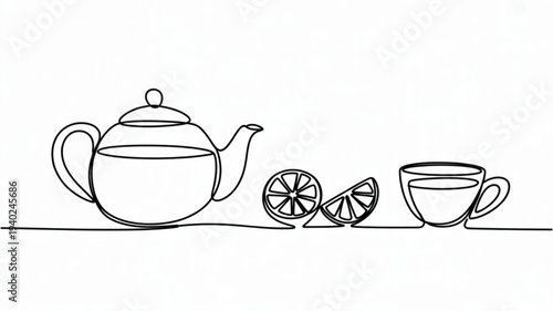 Tea time still life with lemon slices and cup