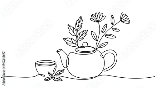Tea pot and cup with flowers simple line drawing minimalistic design tea time still life
