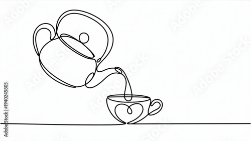 One line drawing of teapot pouring coffee into heart shaped cup on table