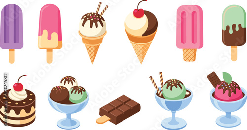Colorful ice cream and dessert collection, popsicles, waffle cone scoops, sundae bowls, chocolate bar, sweet treats vector illustration