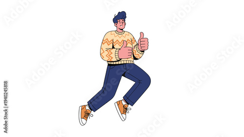 Enthusiastic man wearing a patterned knit sweater jumping high in the air and giving a double thumbs up for success.
