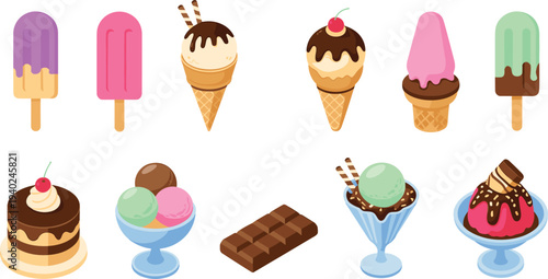 Colorful ice cream and dessert icons set, popsicles, waffle cones, chocolate bar, sundae, sweet treats vector illustration