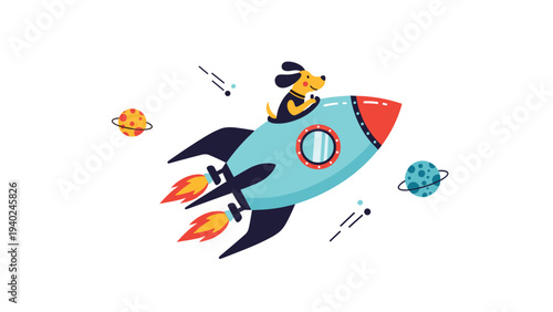Whimsical cartoon dog wearing a scarf travels through outer space on a blue rocket past colorful planets and stars.