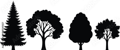 Tree silhouettes collection, forest and park trees set, nature woodland elements pack, botanical landscape icons, flat vector illustration