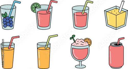 Colorful juice and smoothie drinks set, fruit beverages, cocktail glasses, soda can, refreshing summer drink vector illustration