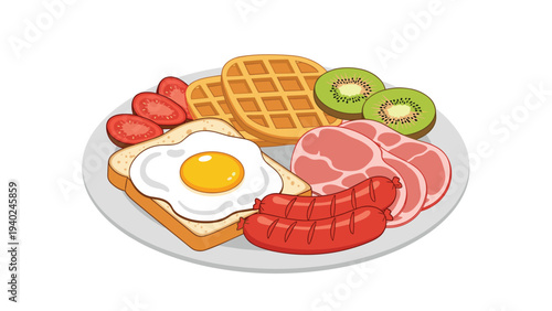 Delicious breakfast plate containing toast with a fried egg, sausages, ham slices, fresh tomatoes, and waffles.