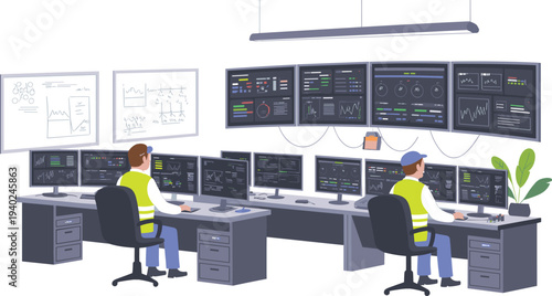 Control room engineers monitoring analytics dashboards, operations center with multiple screens, data monitoring technology system vector illustration