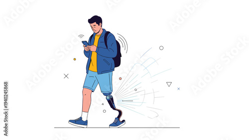 Determined man with a prosthetic leg walking confidently while using his smartphone during a daily urban commute.