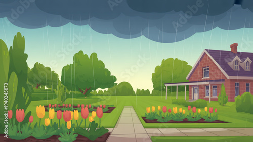 Rainy day at a cozy red brick house with vibrant tulip garden and stormy sky