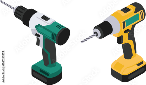 Cordless, drill, power, tool, electric, screwdriver, battery, drill, machine, construction, equipment, DIY, workshop, repair, hardware, engineering, maintenance, toolkit, isometric, illustration