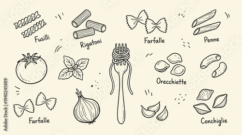 A variety of pasta shapes and ingredients, including vegetables and utensils, illustrated in a simple line drawing style on a beige background with black lines.