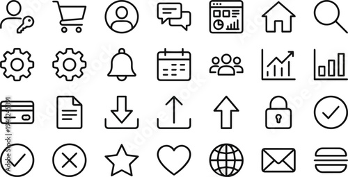 Create a realistic clean set of 28 line-style web and user interface icons, including login, cart, profile, chat, dashboard, and more. Perfect for modern websites, SaaS platforms, and app UI design. 