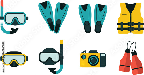 Diving, snorkeling, equipment, fins, mask, snorkel, life, jacket, underwater, camera, flippers, swimming, gear, 
