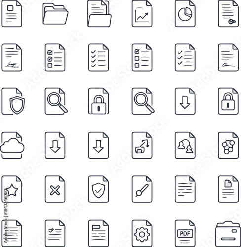 Create a realistic clean set of 36 editable line icons representing documents, files, reports, contracts, and digital paperwork. Ideal for business apps, legal UI, websites vector art.