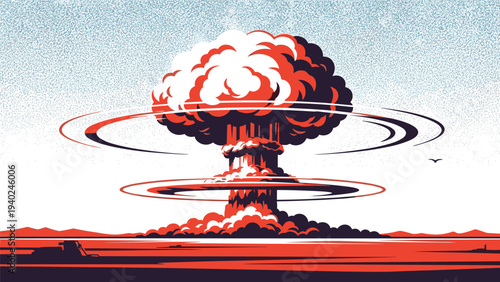 Dramatic mushroom cloud from a powerful atomic explosion rising high above a red horizon under a grainy blue sky.
