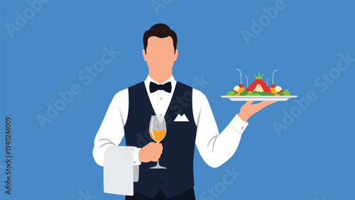 Professional waiter in a vest and bowtie elegantly holding a tray with a food platter and a glass of white wine.
