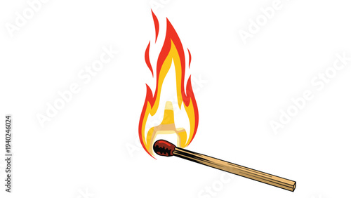 Close up illustration of a single wooden matchstick burning with a bright orange and yellow flame against white.