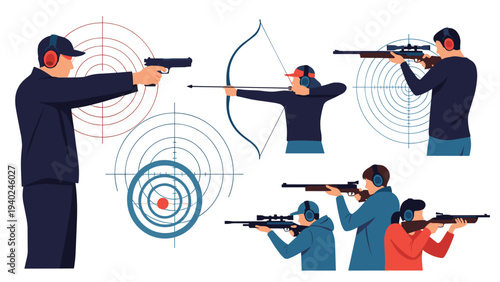 Group of people practicing different shooting disciplines including archery, pistol target shooting, and rifles.