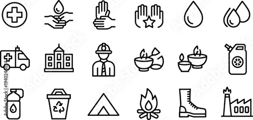 Humanitarian aid and disaster relief line icons set, charity support, medical assistance, refugee supplies, emergency help vector
