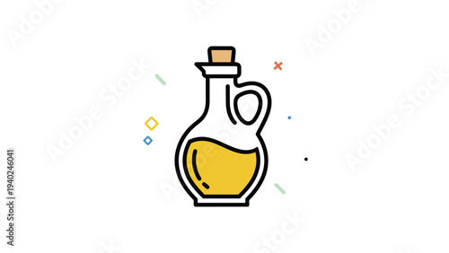 Simple vector icon of a glass bottle containing golden liquid like olive oil or vinegar on a white background.