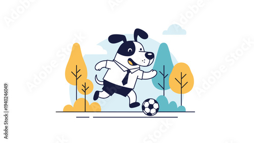 Active cartoon dog dressed in a shirt and tie happily playing soccer in a park with autumn colored trees.