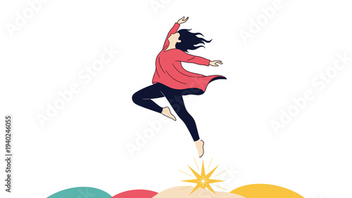 Elegant woman in a red dress dancing and jumping joyfully above colorful abstract hills and a shining star.