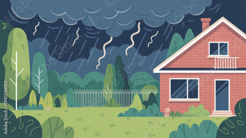 Red house with white trim on a green lawn during a stormy night with lightning