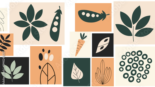 Modern abstract artwork featuring stylized plant leaves and vegetable shapes in muted earth tones and patterns.