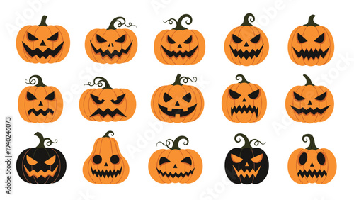 Large grid of various carved Halloween pumpkins with spooky, happy, and scary facial expressions on orange skin.