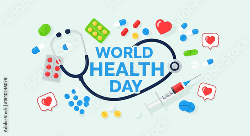 Celebrating World Health Day with vibrant medical icons, stethoscope, and health symbols in a lively illustration