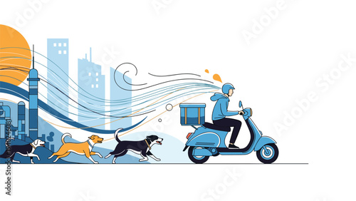 Delivery person on a blue scooter riding through a city with three dogs running excitedly alongside the vehicle.