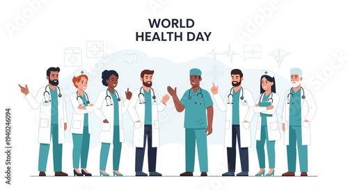Celebrating World Health Day with a Diverse Group of Medical Professionals Offering Hope and Care