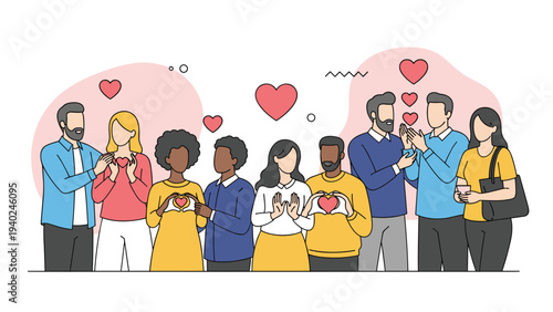 Diverse group of friends expressing love and affection by making heart shapes with their hands in a row.