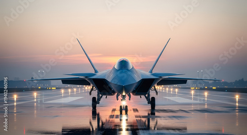 Fighter jet military aircraft positioned on runway at sunset showing advanced stealth aviation technology defense power air force capability and modern combat readiness
