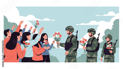 Grateful group of people presenting bouquets of colorful flowers to brave soldiers in uniform in an outdoor setting.