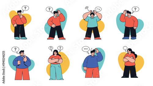 Set of diverse characters in various thoughtful poses with speech bubbles containing question marks above them.