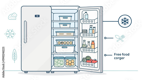 Modern refrigerator with organized food storage and freezer