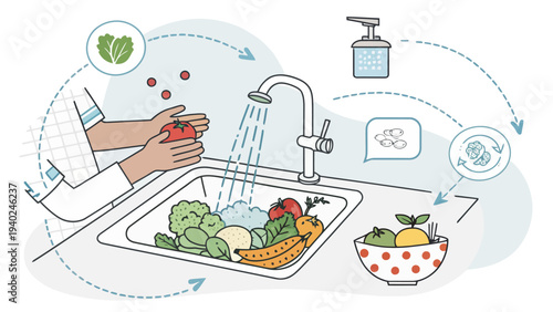 Person washing fresh vegetables under running water in sink