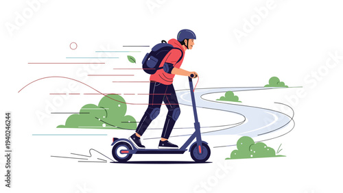 Active young man wearing a helmet and backpack rides an electric scooter along a winding road in the countryside.