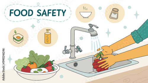 Hands washing fresh strawberries under running water in kitchen sink