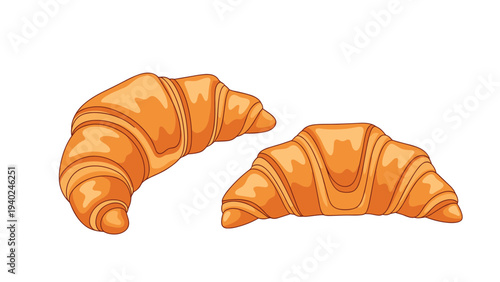 Pair of golden brown freshly baked croissants on a clean white background showing flaky pastry texture details.