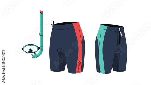 Professional scuba diving equipment featuring a dark wetsuit with colorful accents and a snorkeling mask set.