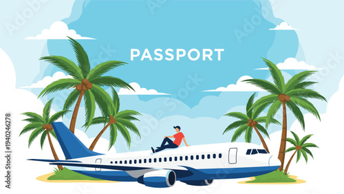 Man sits on top of a large commercial airplane against a tropical background with palm trees and passport text.