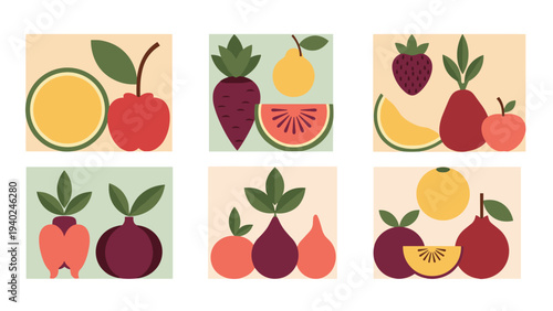 Modern geometric fruit illustration featuring minimalist shapes of apples oranges watermelon and other varieties.