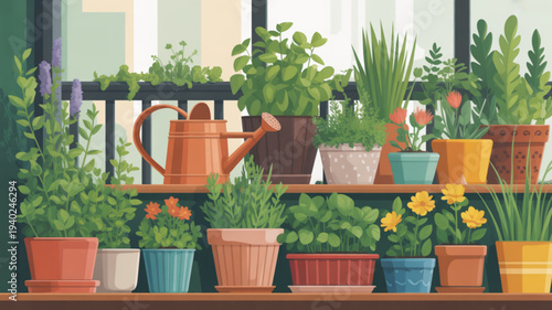 Variety of potted plants on a wooden shelf with a watering can indoors near a window with natural light