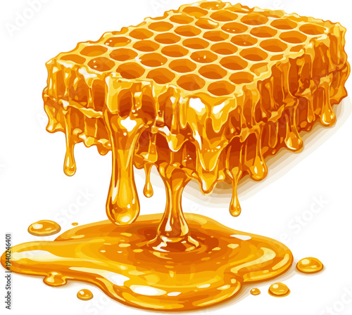 Create a realistic Close-up of melting golden honey and honeycomb vector art with white background..