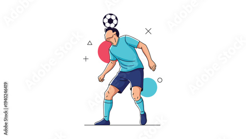 Athletic soccer player showing his skill by balancing a black and white football on his head in a flat style.