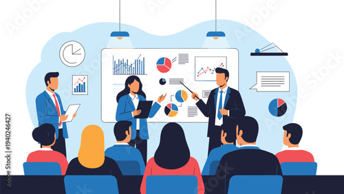 Professional business team discussing various financial charts and graphs during a presentation in an office room.