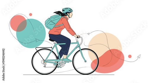 Woman with a backpack riding her bicycle through an abstract landscape with colorful circular decorative shapes.